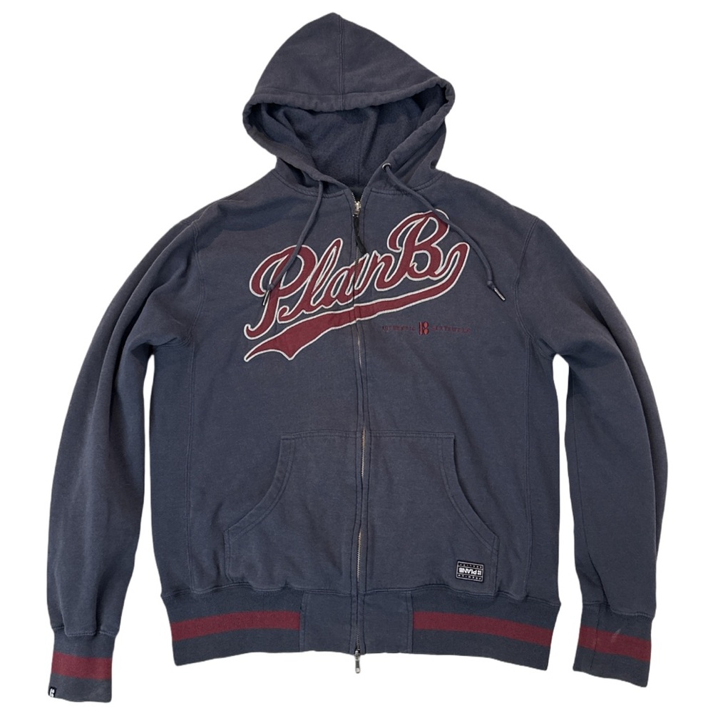 Y2K PLAN B men's blue/red graphic outerwear sweater jacket, medium.
